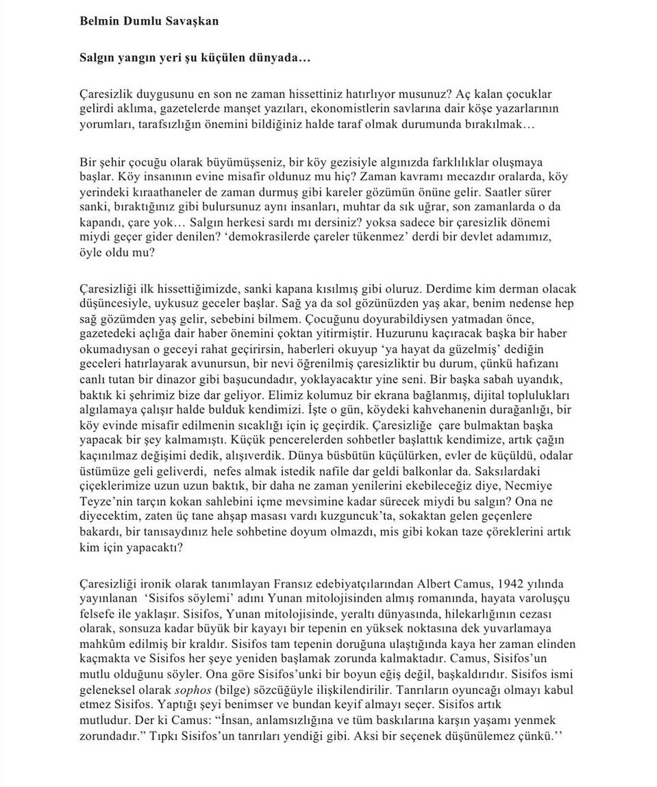 Yazının ilk sayfası — Belmin Dumlu Savaskan, Salgın yangın yeri şu küçülen dünyada…
