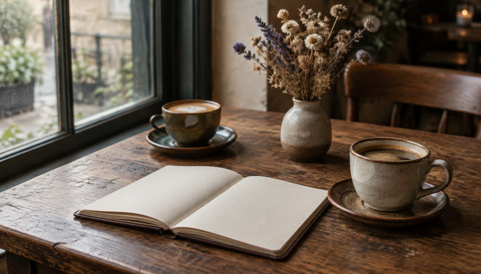 A wooden café table with an open notebook, two coffee cups and dried flowers by a window