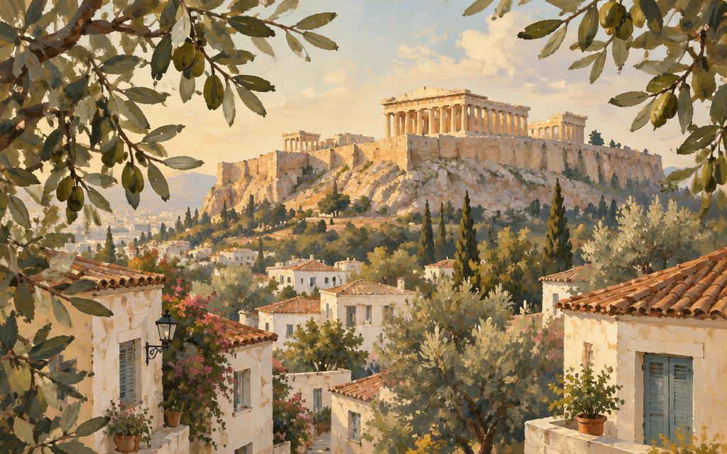 Painted view of Athens: the Parthenon glowing above the old houses of the Plaka