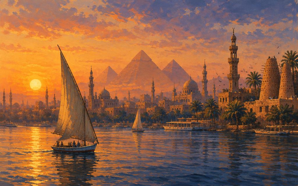 Painted view of Cairo: a felucca on the Nile at sunset with the pyramids in the haze