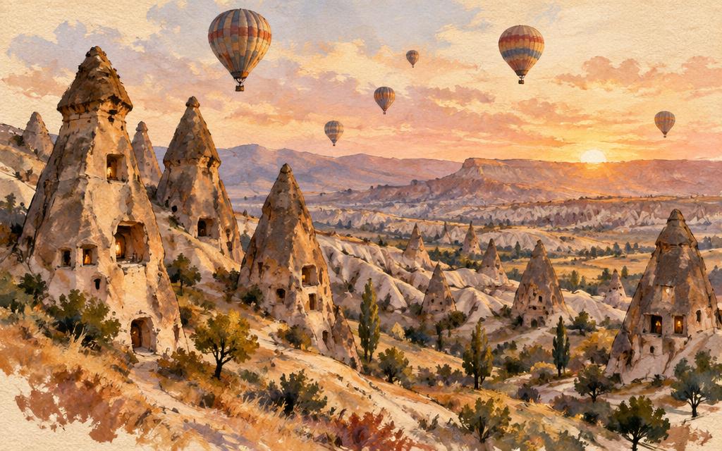Painted view of Cappadocia: hot air balloons at dawn above the fairy chimney rock valleys