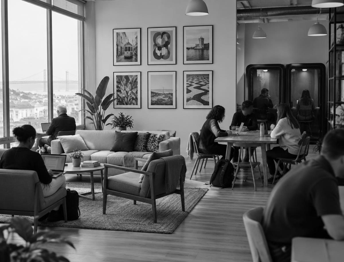 A Lisbon co-working lounge with six framed artworks on the wall, communal tables and members talking and working