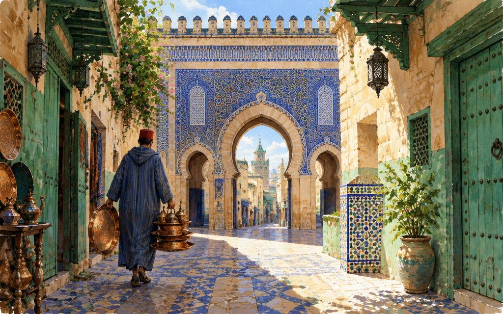 Painted view of Fez: the blue tiled gate of Bab Bou Jeloud and a medina alley