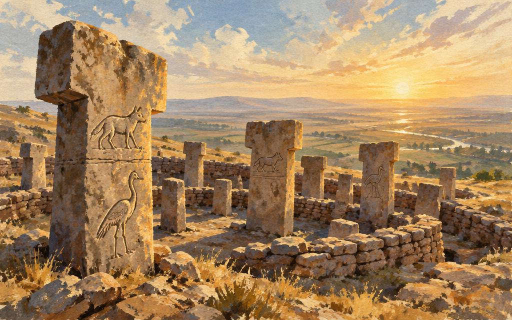 Painted view of Göbeklitepe: T-shaped carved stone pillars in circles on a hilltop above the Mesopotamian plain at sunrise
