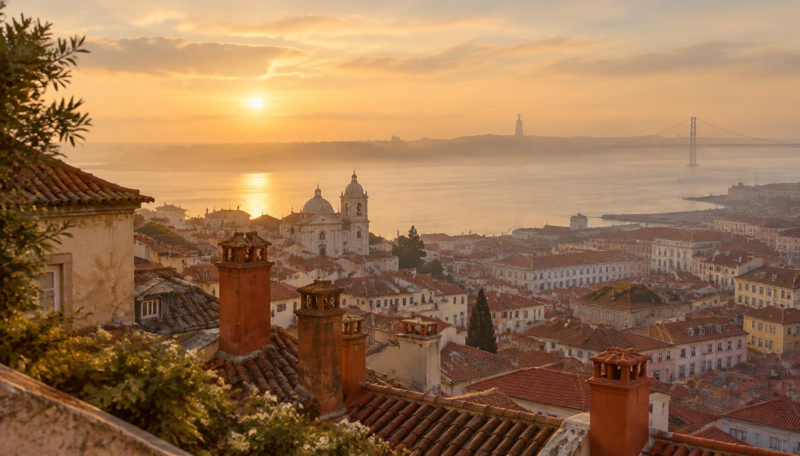 Lisbon rooftops at golden hour, seen from a miradouro