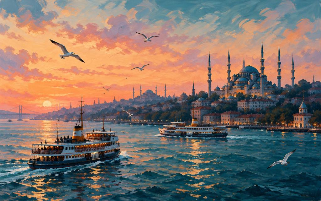 Painted view of Istanbul: ferries crossing the Bosphorus at sunset beneath minarets