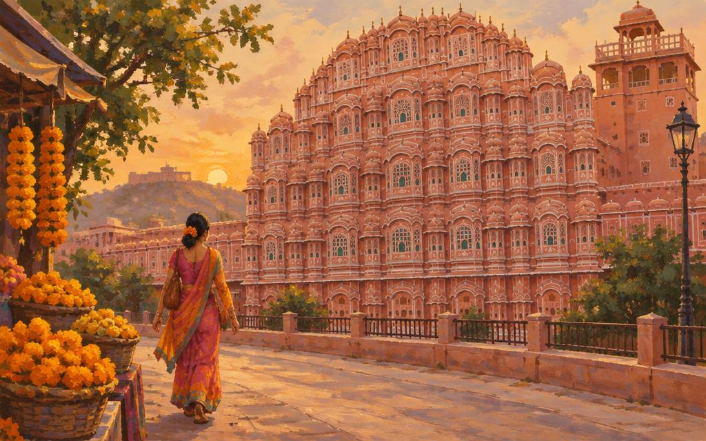 Painted view of Jaipur: the pink Hawa Mahal with a marigold market in the foreground