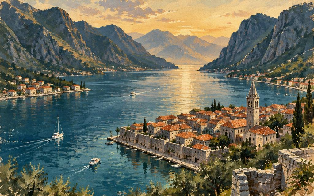 Painted view of Kotor: the walled medieval town with its Venetian bell tower between mountains and the deep blue Bay of Kotor