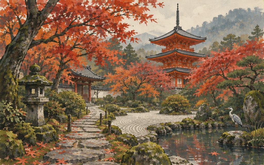 Painted view of Kyoto: a temple garden in autumn with a vermilion pagoda