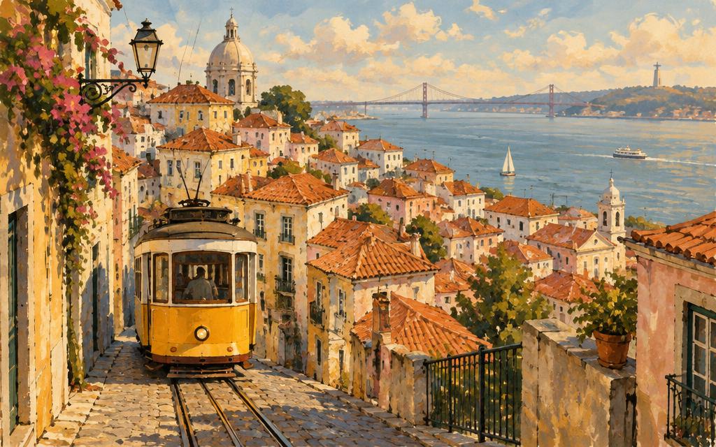 Painted view of Lisbon: a yellow tram climbing through Alfama towards the Tejo river