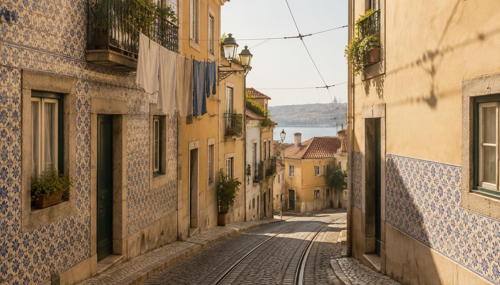 A quiet Lisbon street in morning light, azulejo tiles and laundry lines