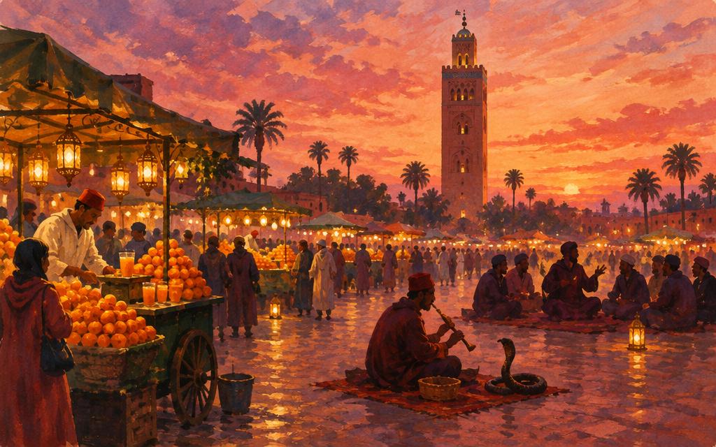 Painted view of Marrakech: Jemaa el-Fnaa square at dusk with the Koutoubia minaret