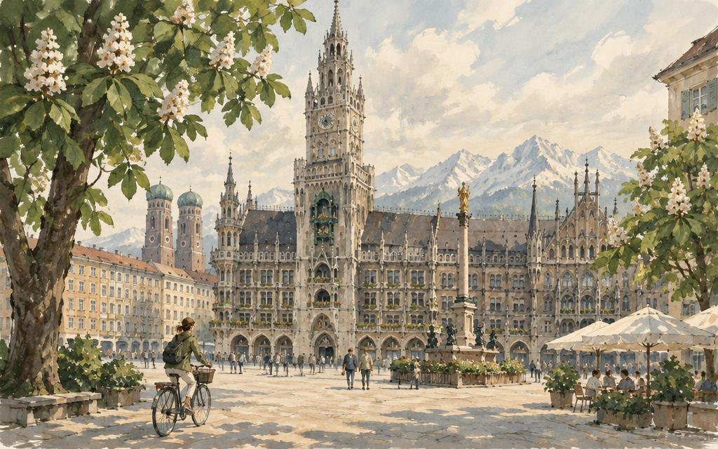 Painted view of Munich: Marienplatz square with the gothic town hall and Alps behind