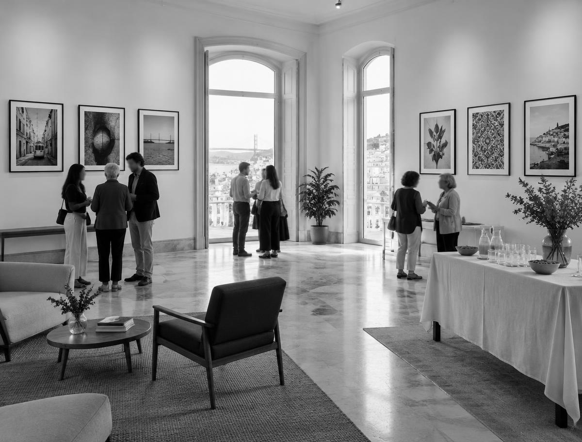 A Lisbon foundation reception hall with six framed artworks, donors and partners talking in small groups during a salon evening