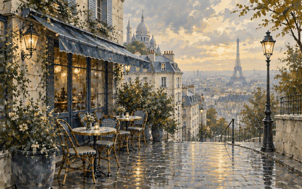 Painted view of Paris: a quiet Montmartre café terrace with the Eiffel Tower in the distance