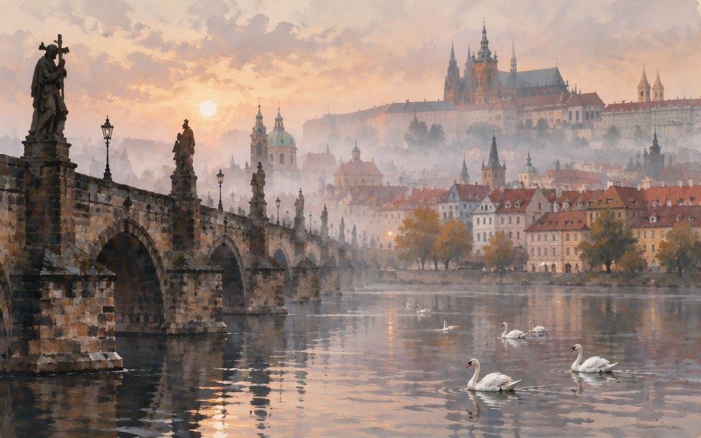 Painted view of Prague: Charles Bridge in morning mist with swans on the Vltava