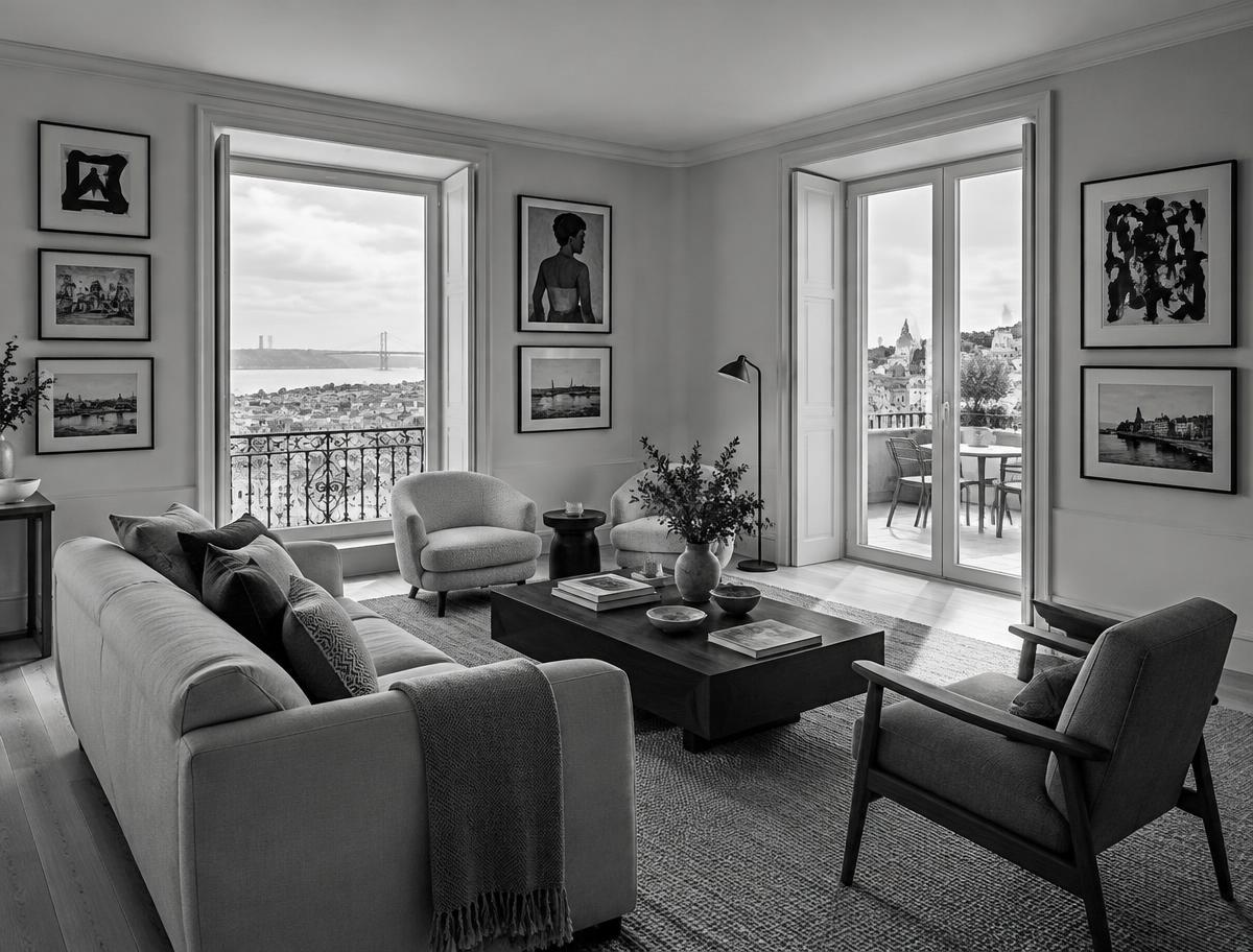 A Lisbon show apartment living room with framed artworks, tall windows overlooking the city and a rooftop terrace beyond glass doors