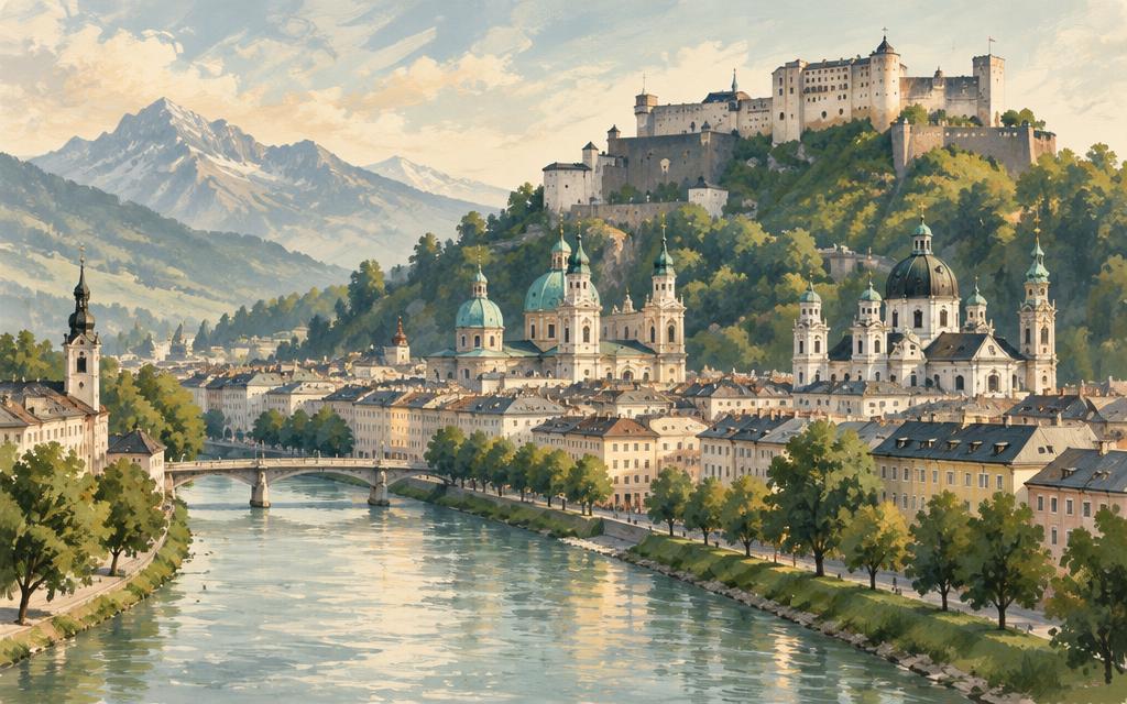 Painted view of Salzburg: domes and the fortress above the Salzach river