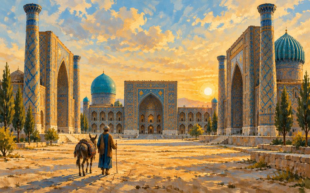 Painted view of Samarkand: turquoise domes of the Registan at golden hour