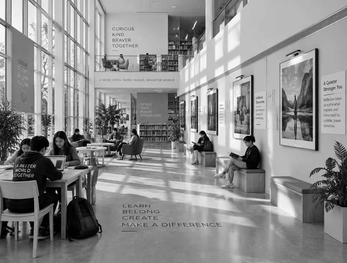 A bright school atrium and library with five framed artworks arranged as quiet reflection corners