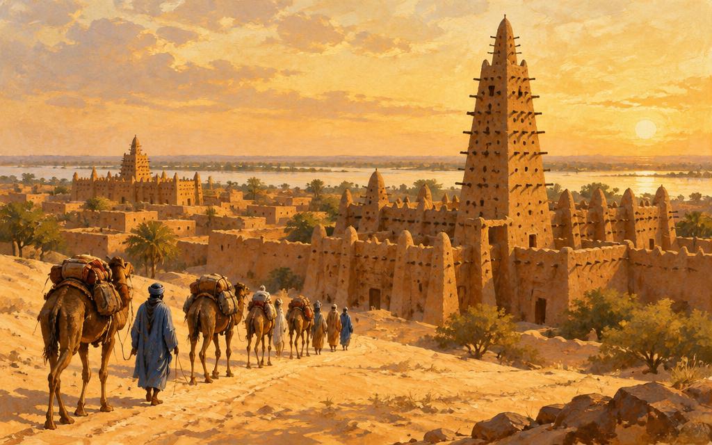 Painted view of Timbuktu: mud-brick mosques and a camel caravan at golden hour