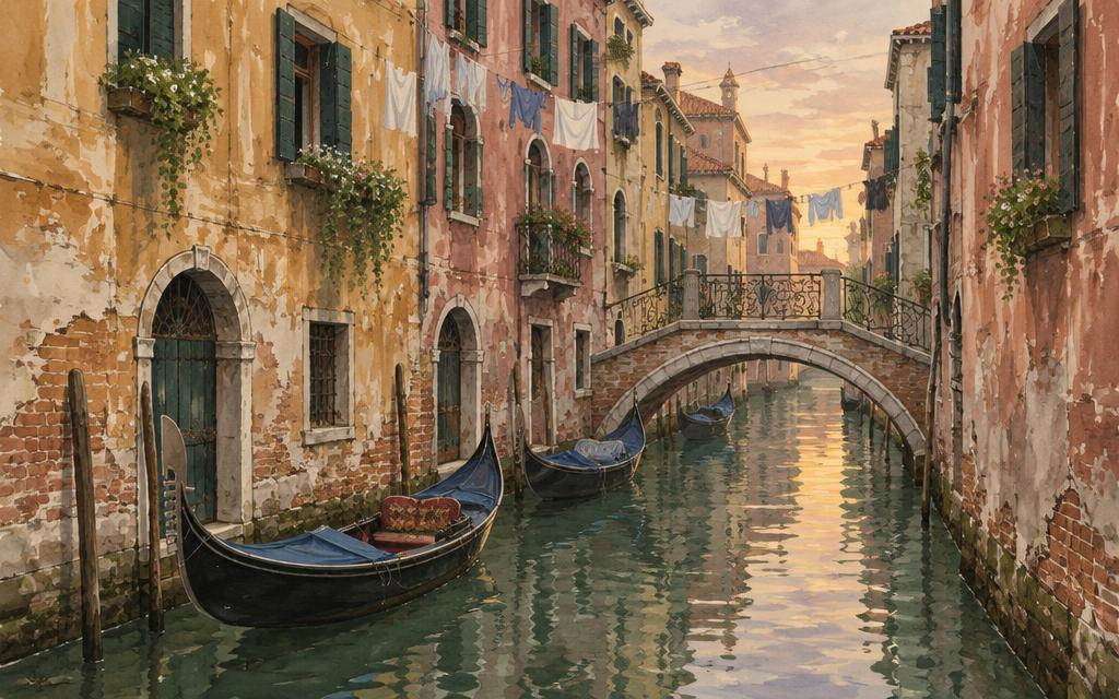 Painted view of Venice: a quiet side canal with gondolas and laundry above the water