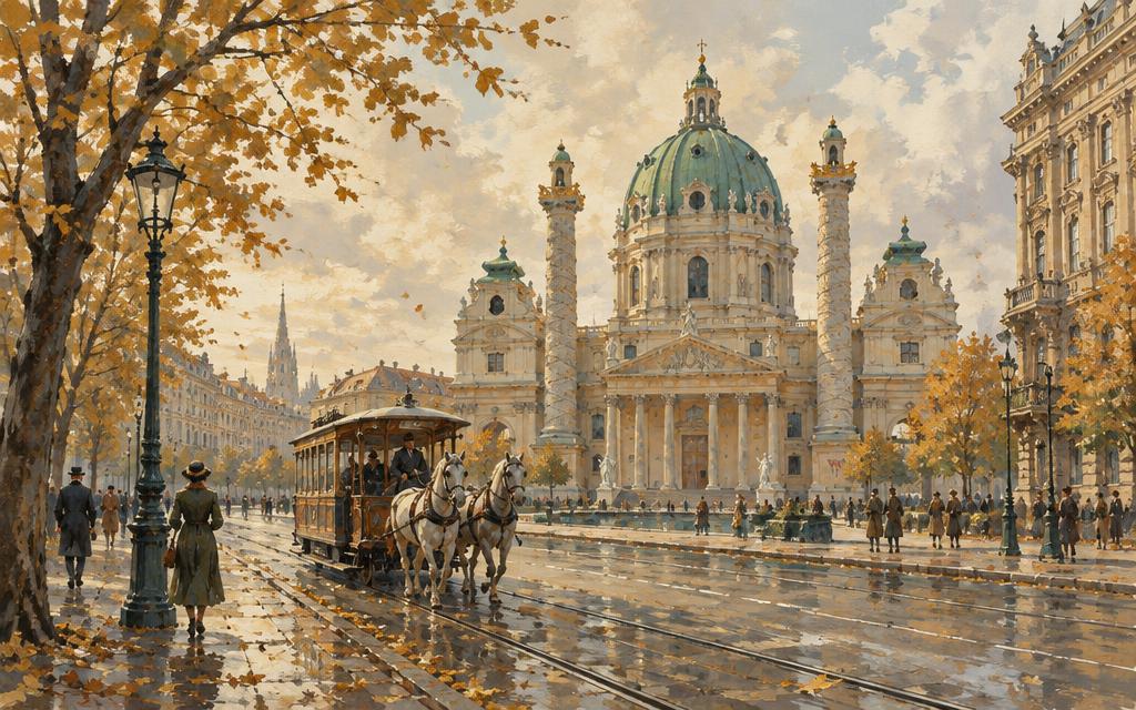 Painted view of Vienna: the Karlskirche and a horse tram on a golden autumn boulevard